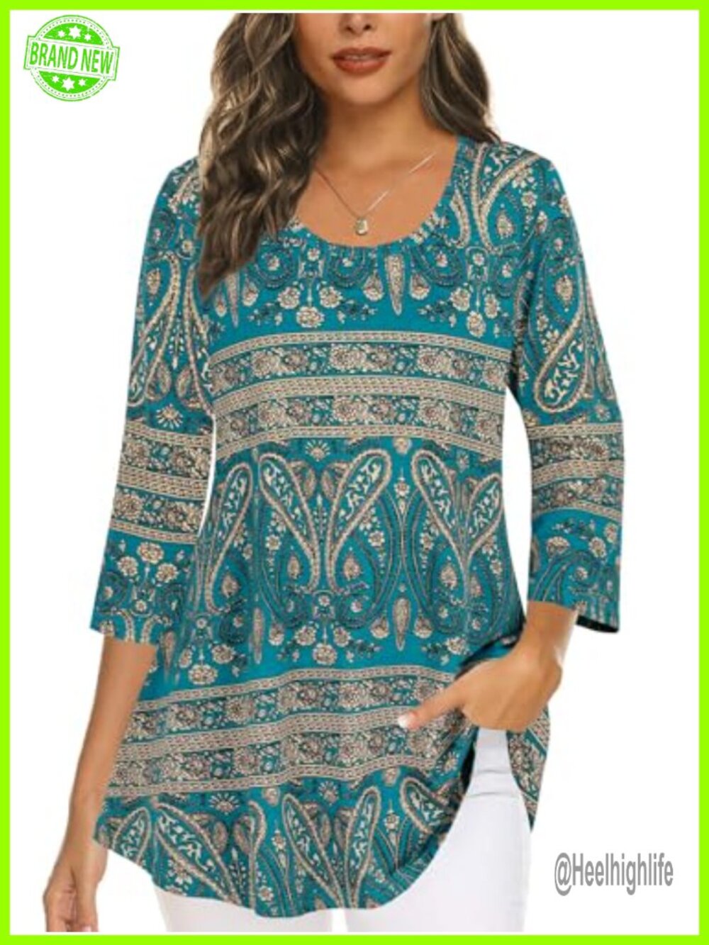 Womens 3/4 Sleeve Pleated Tunic Top Loose Fit Flowy Blouse